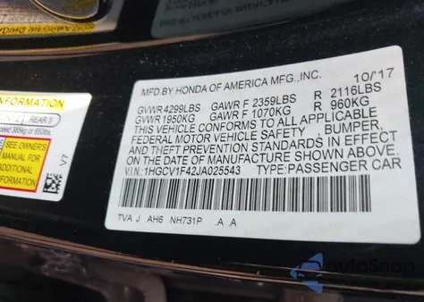 2018 Honda Accord Ex из США, поврежденный, VIN 1HGCV1F42JA025543
